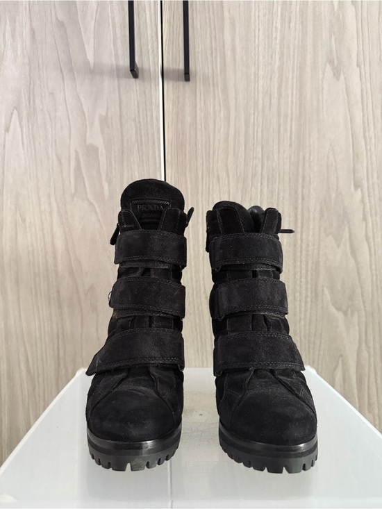 Prada Shoes - Prada Black Suede Triple-Strap Combat Ankle Boots - Women's